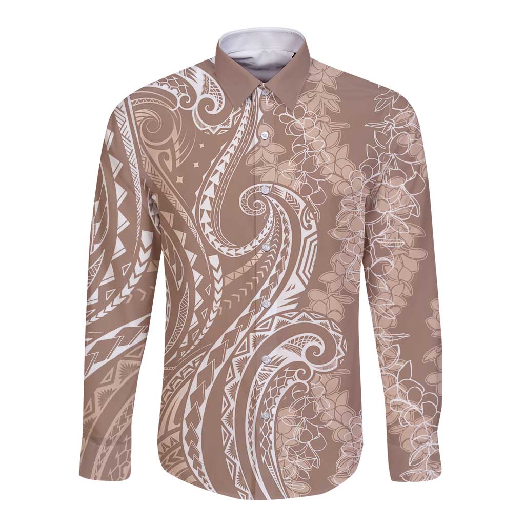 Polynesia Plumeria Lei Long Sleeve Button Shirt Beige Curves Motif LT7 Unisex Beige - Polynesian Pride
