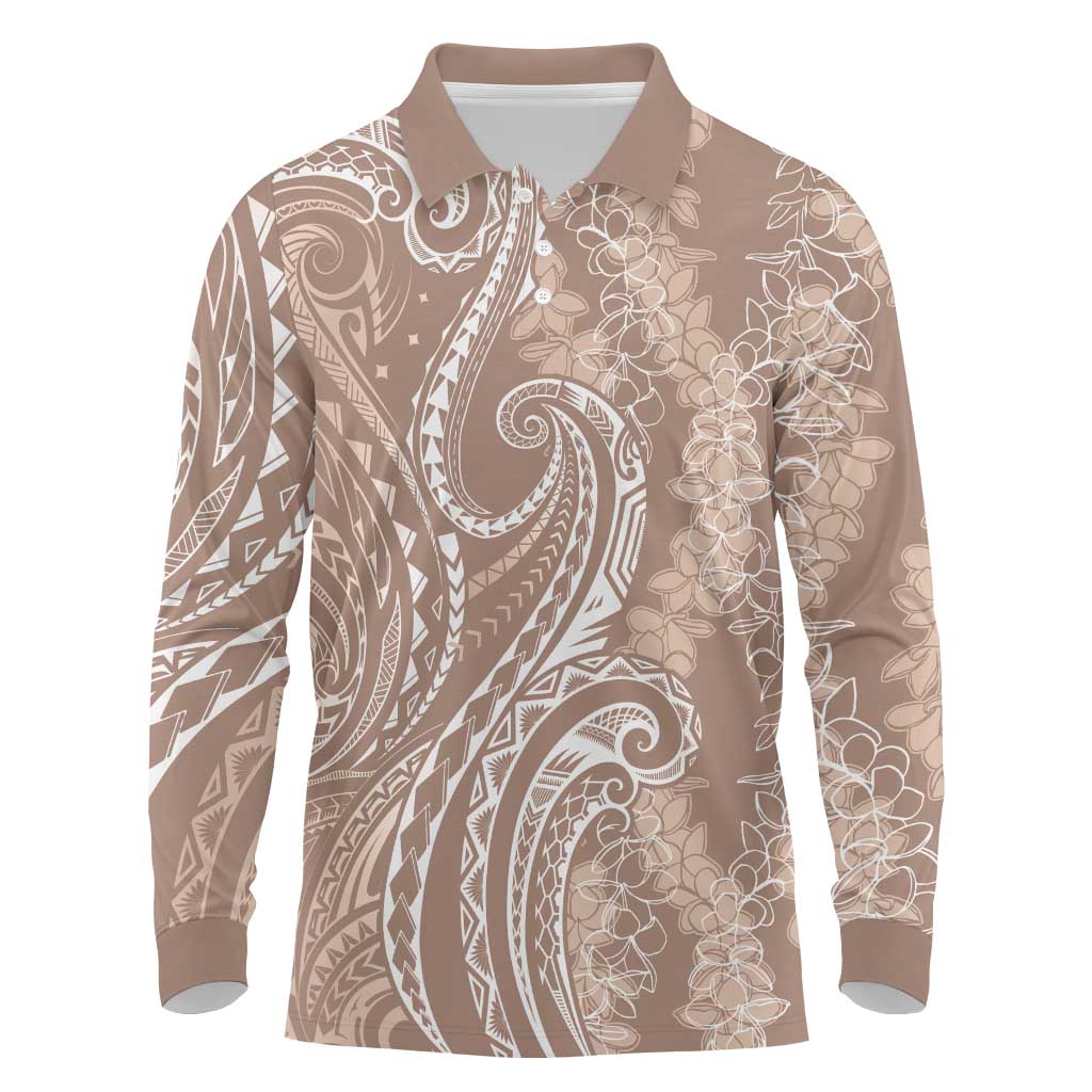 Polynesia Plumeria Lei Long Sleeve Polo Shirt Beige Curves Motif