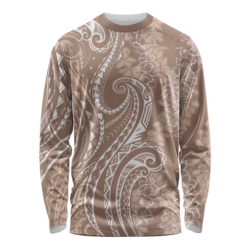 Polynesia Plumeria Lei Long Sleeve Shirt Beige Curves Motif LT7 Unisex Beige - Polynesian Pride