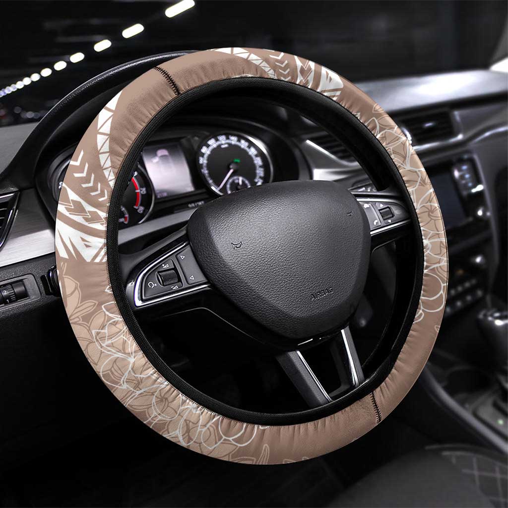 Polynesia Plumeria Lei Steering Wheel Cover Beige Curves Motif LT7 Universal Fit Beige - Polynesian Pride