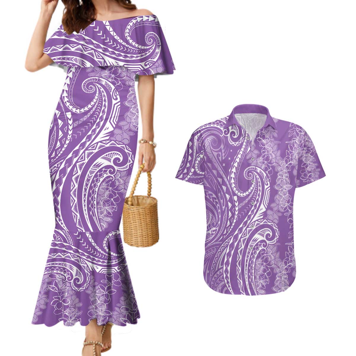 Polynesia Plumeria Lei Couples Matching Mermaid Dress and Hawaiian Shirt Periwinkle Curves Motif