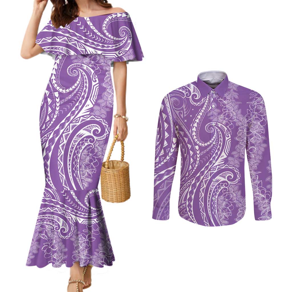 Polynesia Plumeria Lei Couples Matching Mermaid Dress and Long Sleeve Button Shirt Periwinkle Curves Motif LT7 Periwinkle - Polynesian Pride