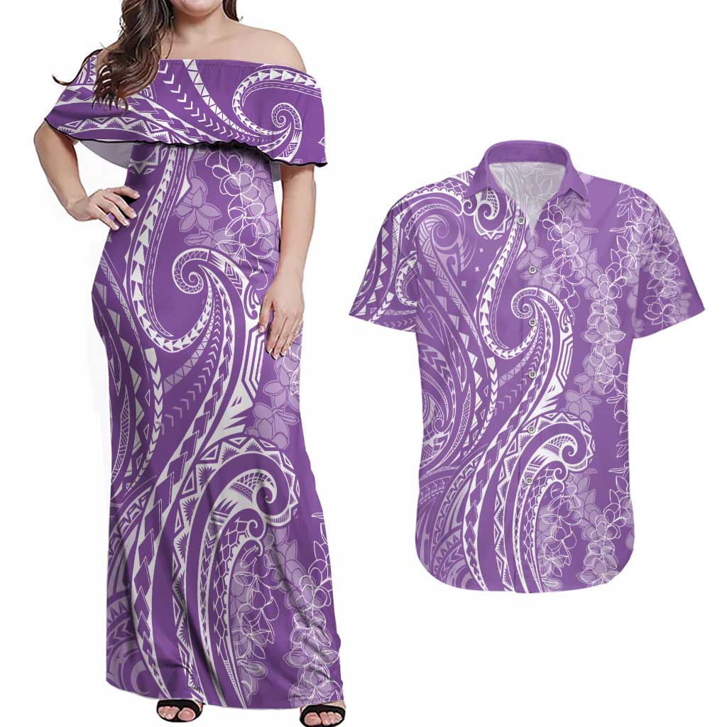 Polynesia Plumeria Lei Couples Matching Off Shoulder Maxi Dress and Hawaiian Shirt Periwinkle Curves Motif LT7 Periwinkle - Polynesian Pride