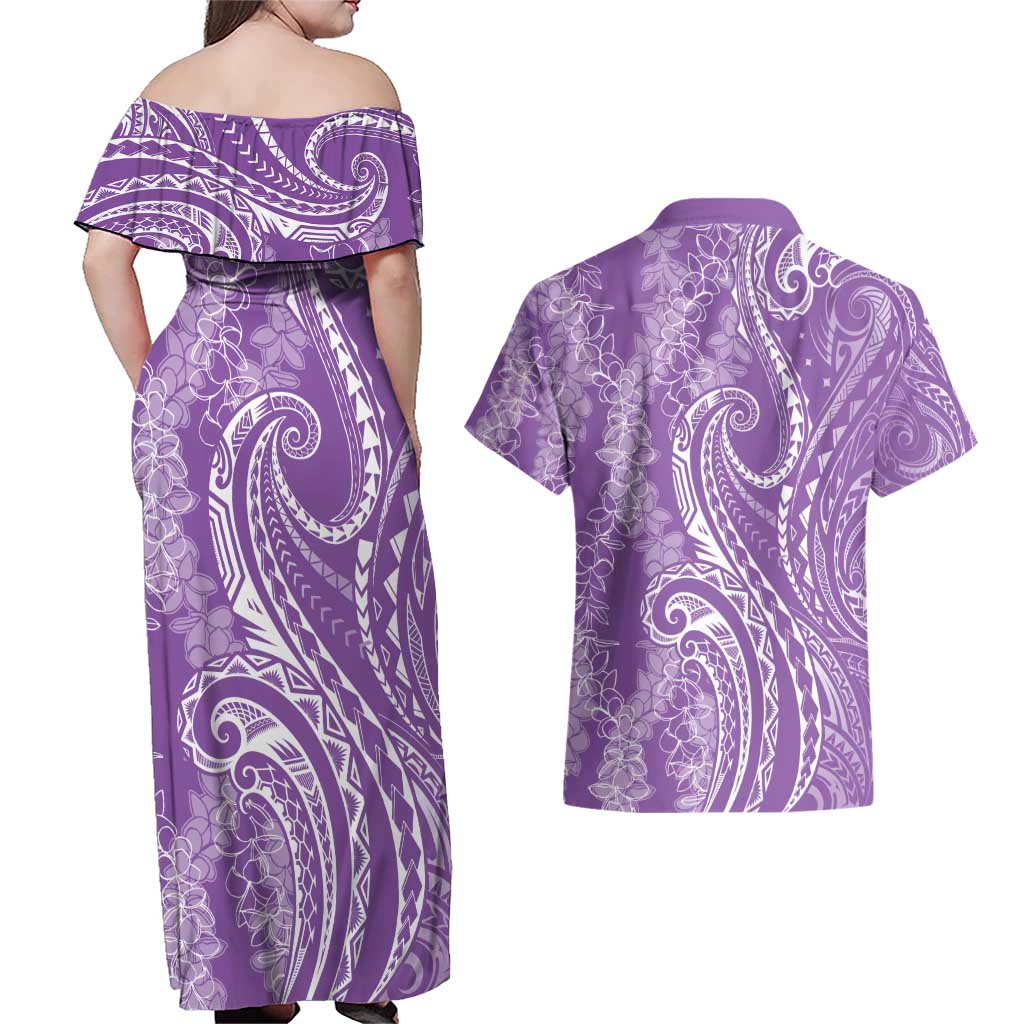 Polynesia Plumeria Lei Couples Matching Off Shoulder Maxi Dress and Hawaiian Shirt Periwinkle Curves Motif LT7 - Polynesian Pride