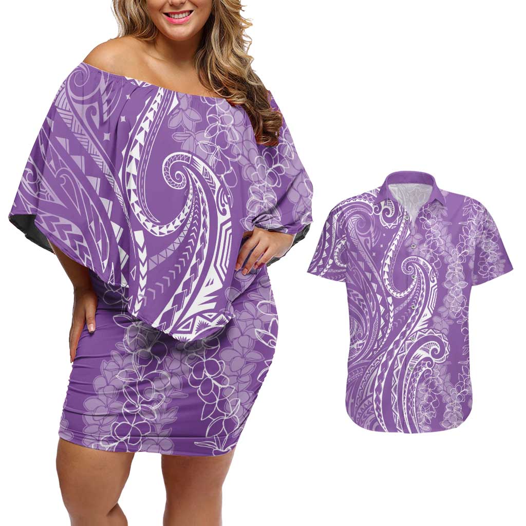 Polynesia Plumeria Lei Couples Matching Off Shoulder Short Dress and Hawaiian Shirt Periwinkle Curves Motif LT7 Periwinkle - Polynesian Pride