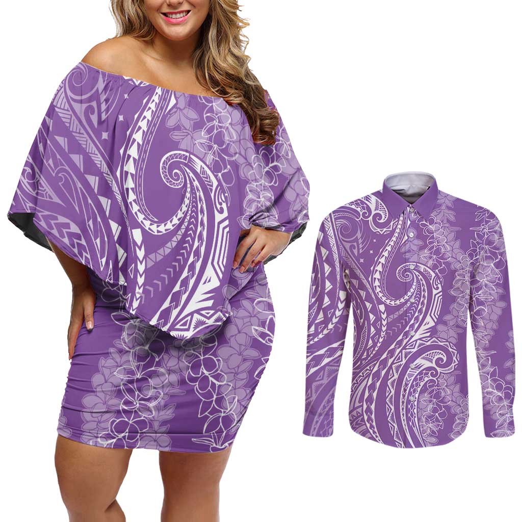 Polynesia Plumeria Lei Couples Matching Off Shoulder Short Dress and Long Sleeve Button Shirt Periwinkle Curves Motif