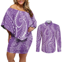 Polynesia Plumeria Lei Couples Matching Off Shoulder Short Dress and Long Sleeve Button Shirt Periwinkle Curves Motif
