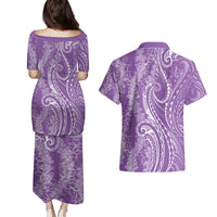 Polynesia Plumeria Lei Couples Matching Puletasi and Hawaiian Shirt Periwinkle Curves Motif LT7 - Polynesian Pride