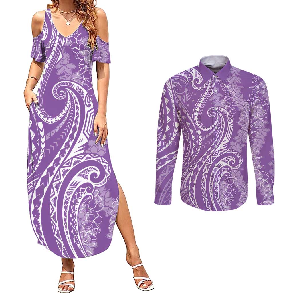 Polynesia Plumeria Lei Couples Matching Summer Maxi Dress and Long Sleeve Button Shirt Periwinkle Curves Motif LT7 Periwinkle - Polynesian Pride