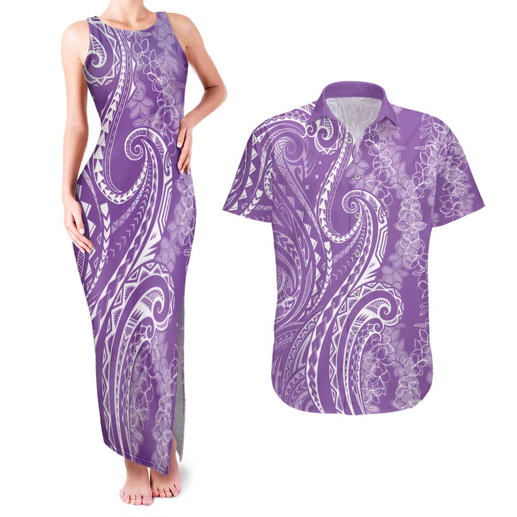 Polynesia Plumeria Lei Couples Matching Tank Maxi Dress and Hawaiian Shirt Periwinkle Curves Motif LT7 Periwinkle - Polynesian Pride