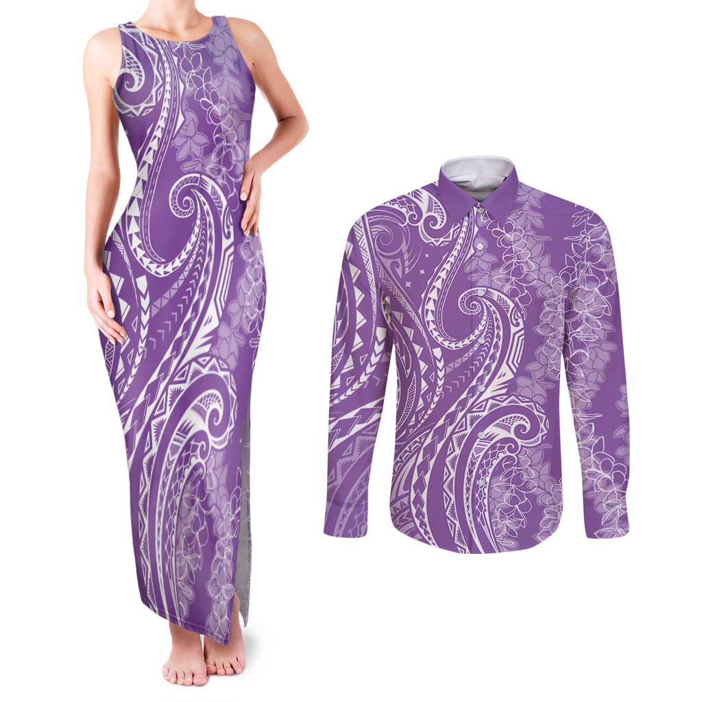 Polynesia Plumeria Lei Couples Matching Tank Maxi Dress and Long Sleeve Button Shirt Periwinkle Curves Motif LT7 Periwinkle - Polynesian Pride