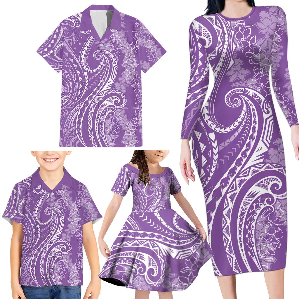 Polynesia Plumeria Lei Family Matching Long Sleeve Bodycon Dress and Hawaiian Shirt Periwinkle Curves Motif LT7 - Polynesian Pride