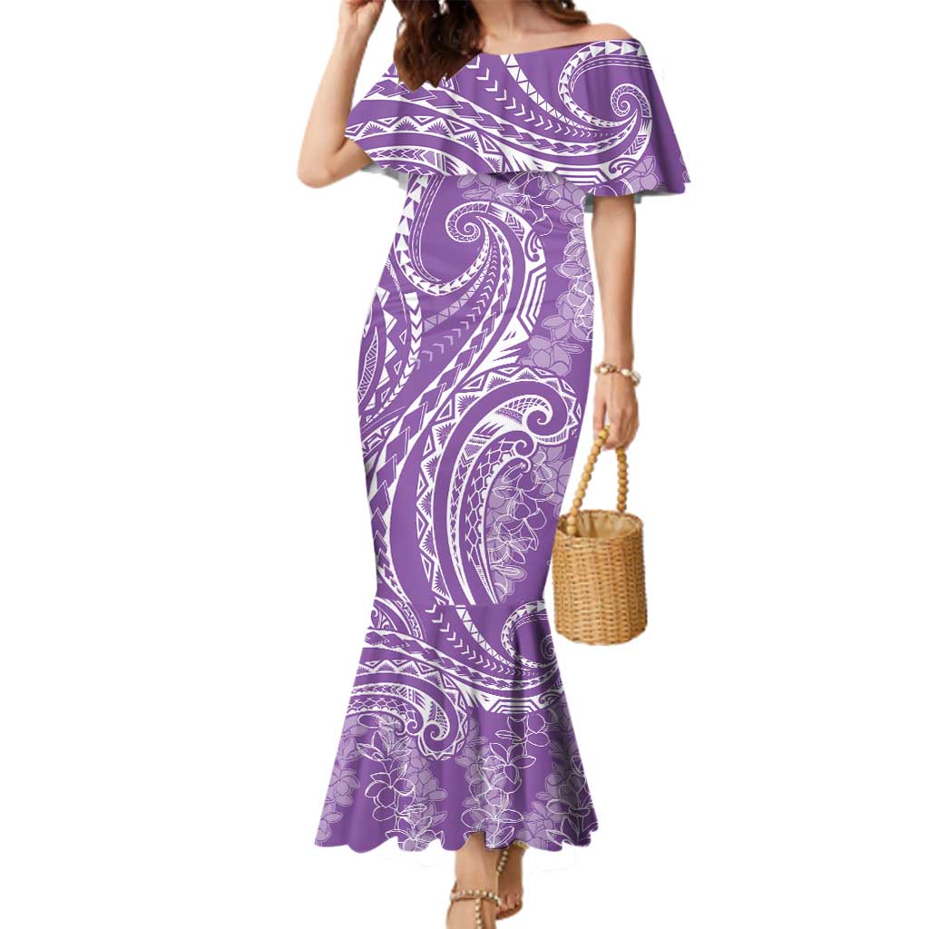 Polynesia Plumeria Lei Family Matching Mermaid Dress and Hawaiian Shirt Periwinkle Curves Motif