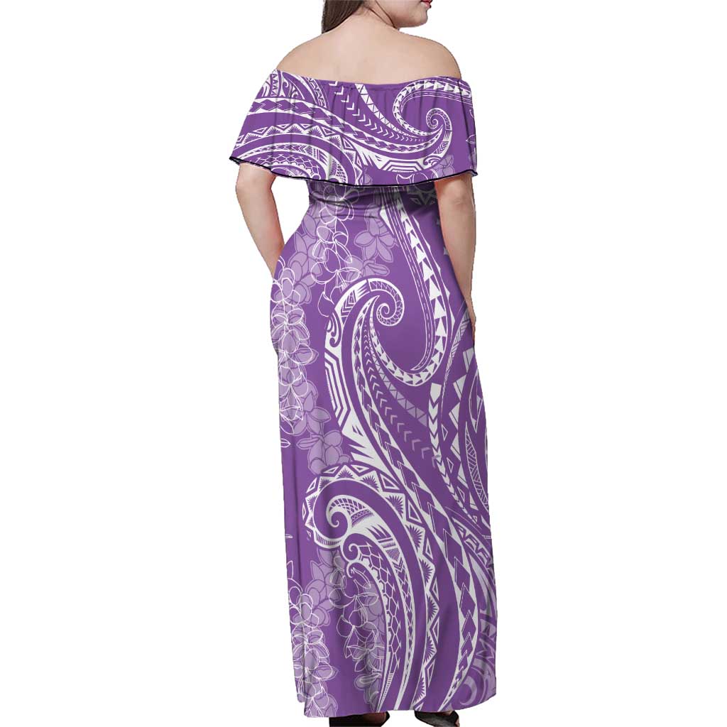 Polynesia Plumeria Lei Family Matching Off Shoulder Maxi Dress and Hawaiian Shirt Periwinkle Curves Motif