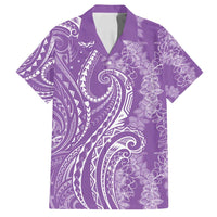 Polynesia Plumeria Lei Family Matching Off Shoulder Short Dress and Hawaiian Shirt Periwinkle Curves Motif