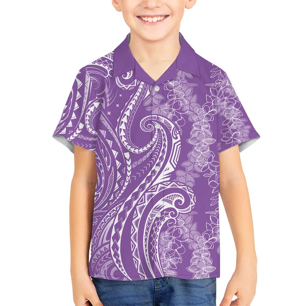 Polynesia Plumeria Lei Family Matching Off Shoulder Short Dress and Hawaiian Shirt Periwinkle Curves Motif