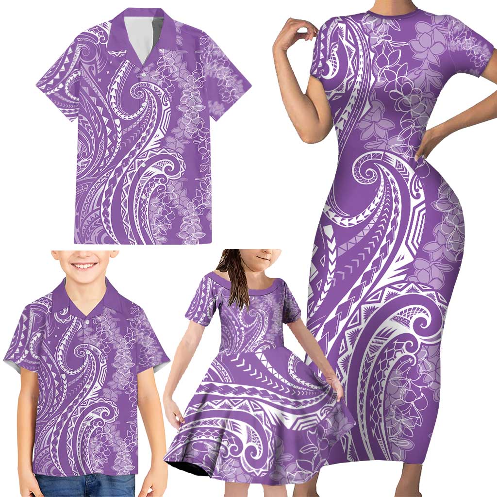 Polynesia Plumeria Lei Family Matching Short Sleeve Bodycon Dress and Hawaiian Shirt Periwinkle Curves Motif LT7 - Polynesian Pride