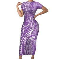 Polynesia Plumeria Lei Family Matching Short Sleeve Bodycon Dress and Hawaiian Shirt Periwinkle Curves Motif