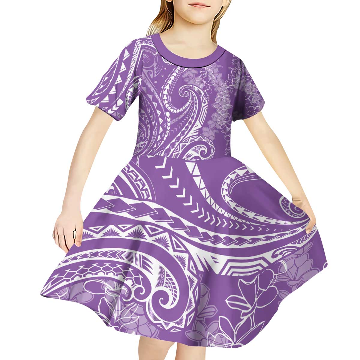 Polynesia Plumeria Lei Kid Short Sleeve Dress Periwinkle Curves Motif LT7 - Polynesian Pride
