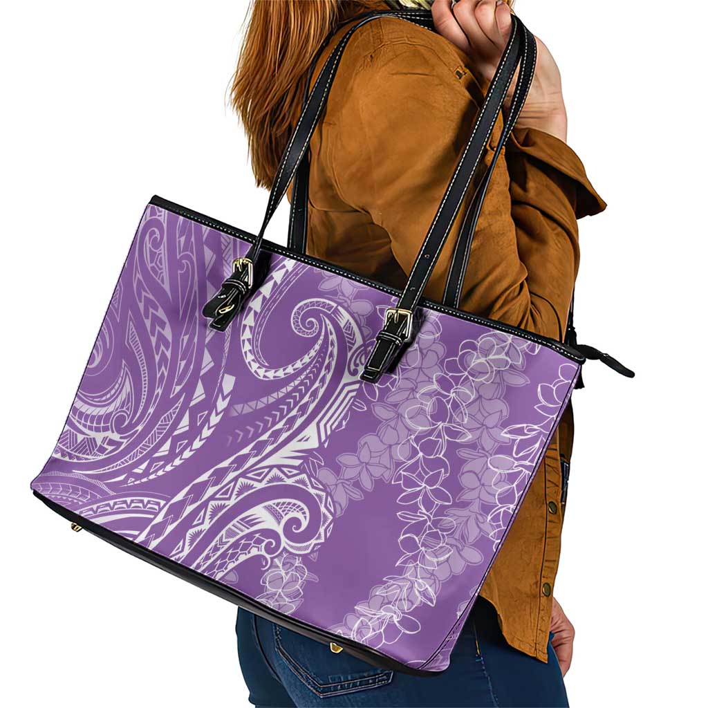 Polynesia Plumeria Lei Leather Tote Bag Periwinkle Curves Motif
