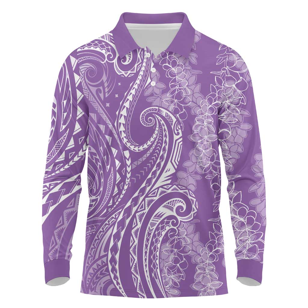 Polynesia Plumeria Lei Long Sleeve Polo Shirt Periwinkle Curves Motif