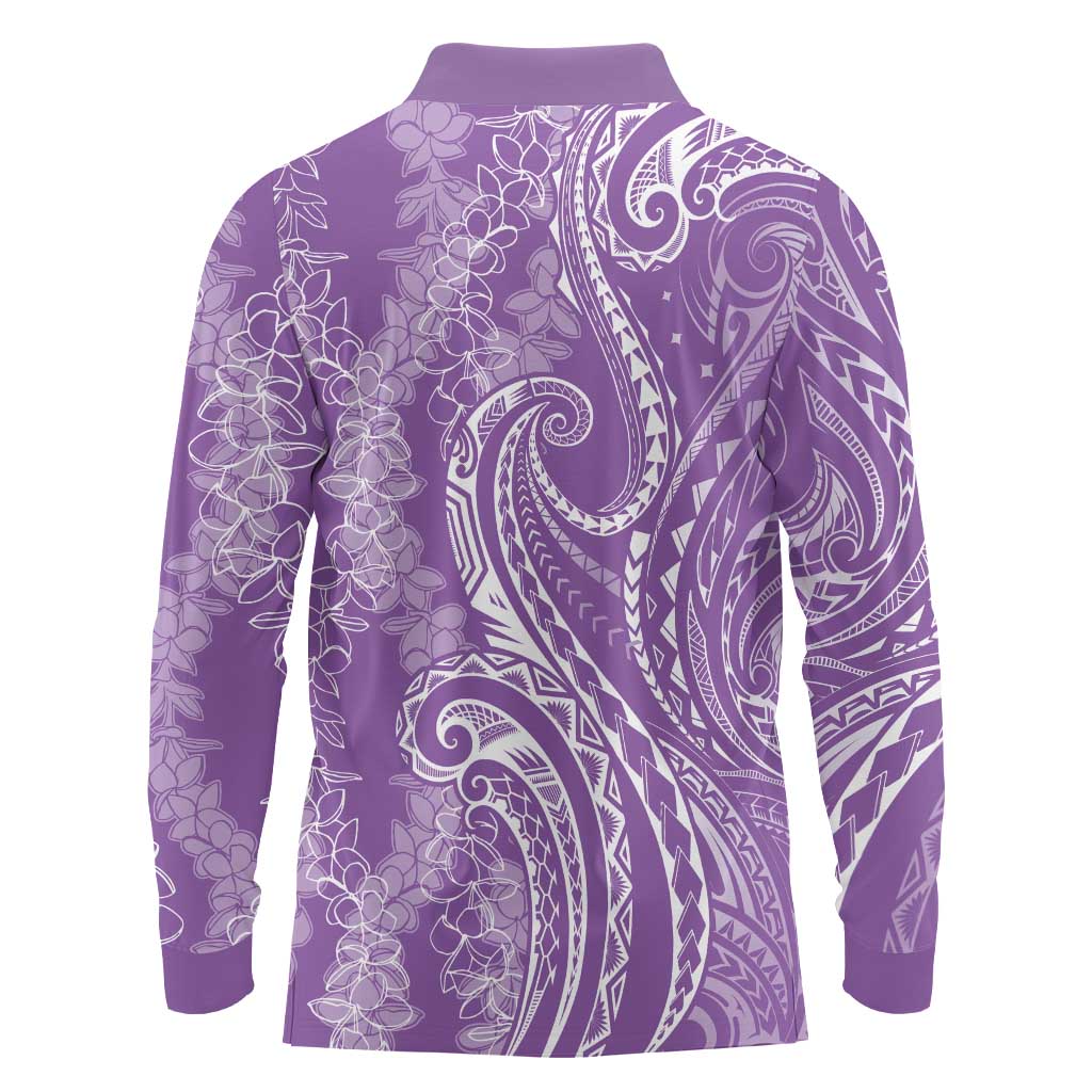 Polynesia Plumeria Lei Long Sleeve Polo Shirt Periwinkle Curves Motif