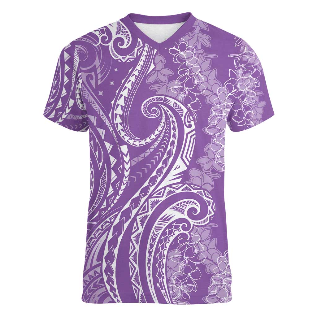 Polynesia Plumeria Lei Women V-Neck T-Shirt Periwinkle Curves Motif