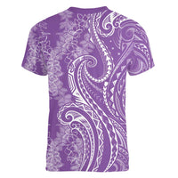 Polynesia Plumeria Lei Women V-Neck T-Shirt Periwinkle Curves Motif