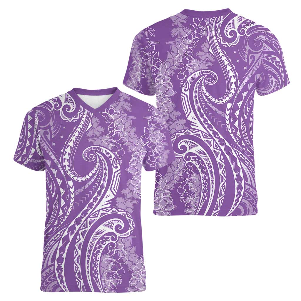 Polynesia Plumeria Lei Women V-Neck T-Shirt Periwinkle Curves Motif