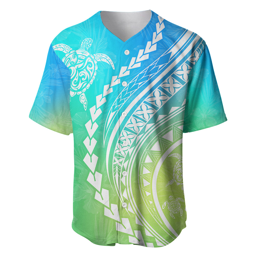 Polynesian Pride Baseball Jersey Turtle Hibiscus Luxury Style - Gradient Blue LT7 Blue Green - Polynesian Pride