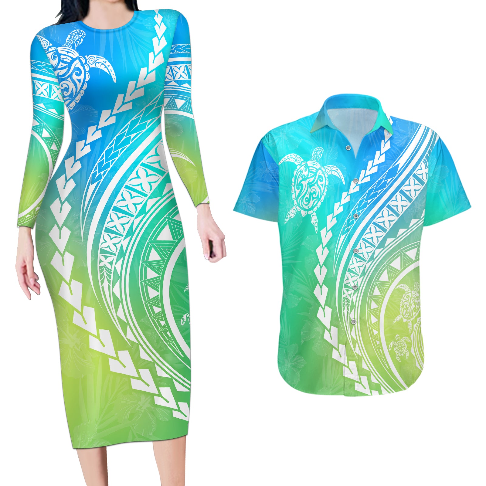 Polynesian Pride Couples Matching Long Sleeve Bodycon Dress and Hawaiian Shirt Turtle Hibiscus Luxury Style - Gradient Blue LT7 Blue Green - Polynesian Pride