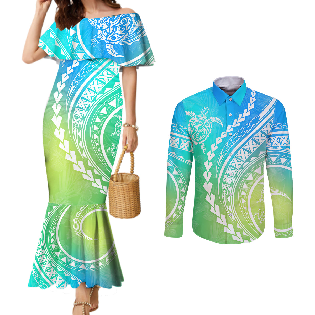 Polynesian Pride Couples Matching Mermaid Dress and Long Sleeve Button Shirts Turtle Hibiscus Luxury Style - Gradient Blue LT7 Blue Green - Polynesian Pride