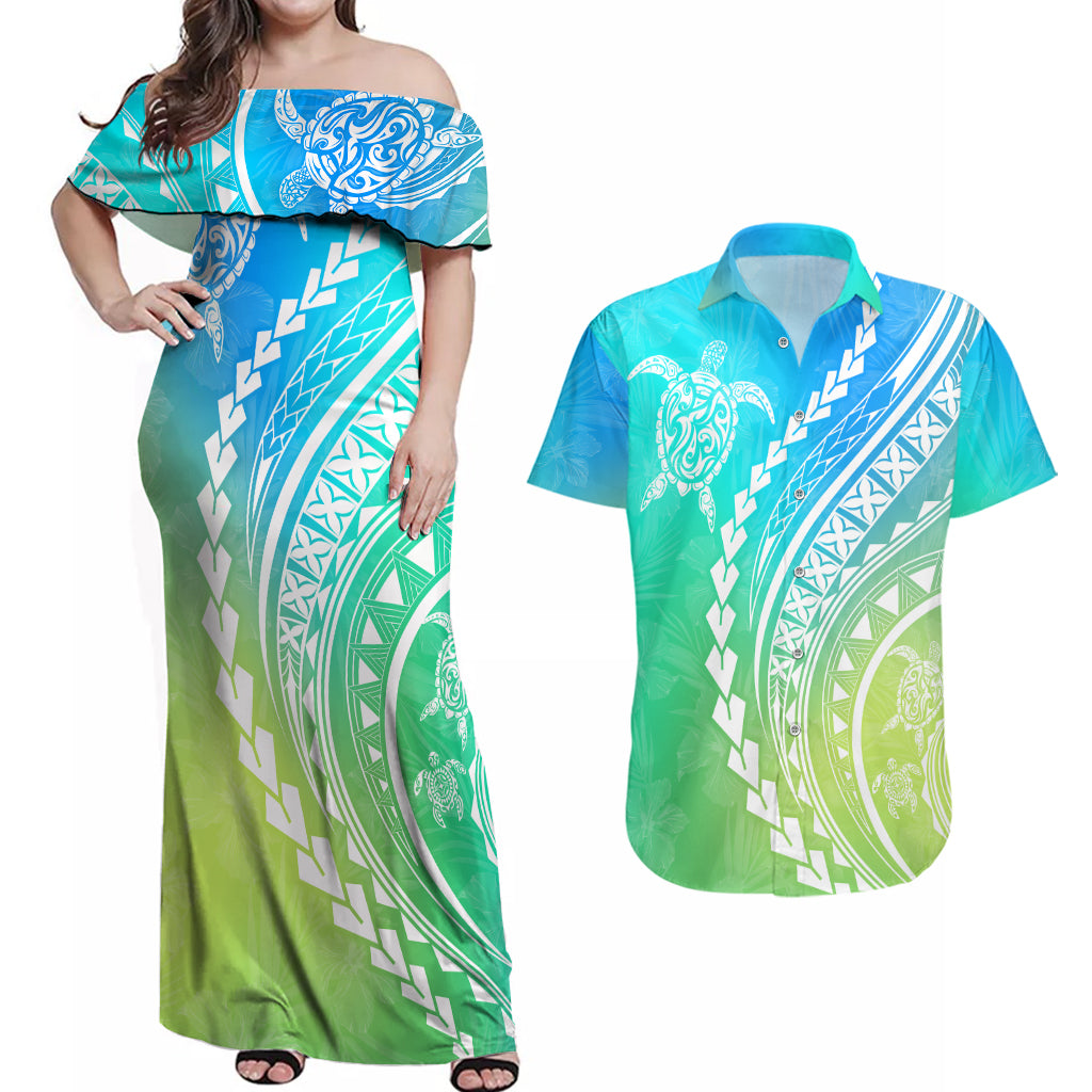 Polynesian Pride Couples Matching Off Shoulder Maxi Dress and Hawaiian Shirt Turtle Hibiscus Luxury Style - Gradient Blue LT7 Blue Green - Polynesian Pride