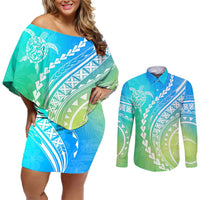 Polynesian Pride Couples Matching Off Shoulder Short Dress and Long Sleeve Button Shirts Turtle Hibiscus Luxury Style - Gradient Blue LT7 Blue Green - Polynesian Pride