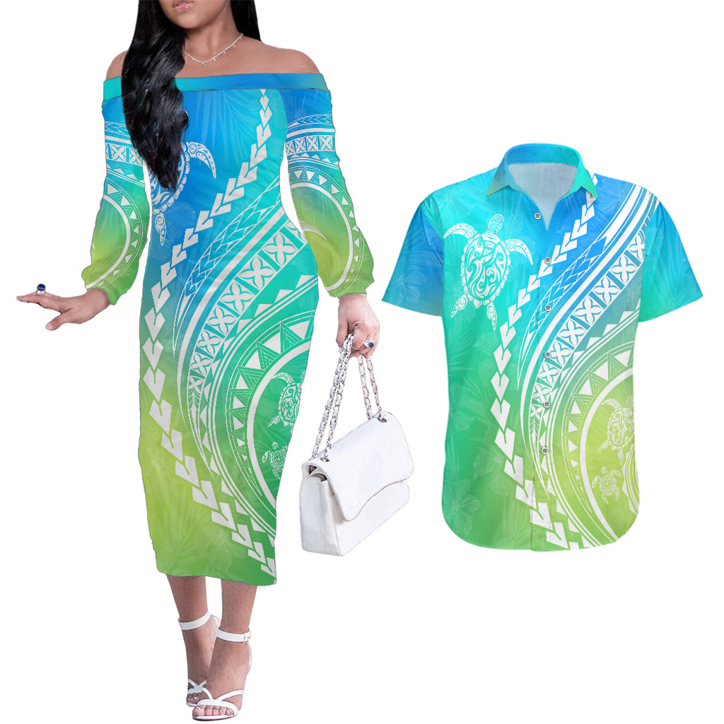 Polynesian Pride Couples Matching Off The Shoulder Long Sleeve Dress and Hawaiian Shirt Turtle Hibiscus Luxury Style - Gradient Blue LT7 Blue Green - Polynesian Pride