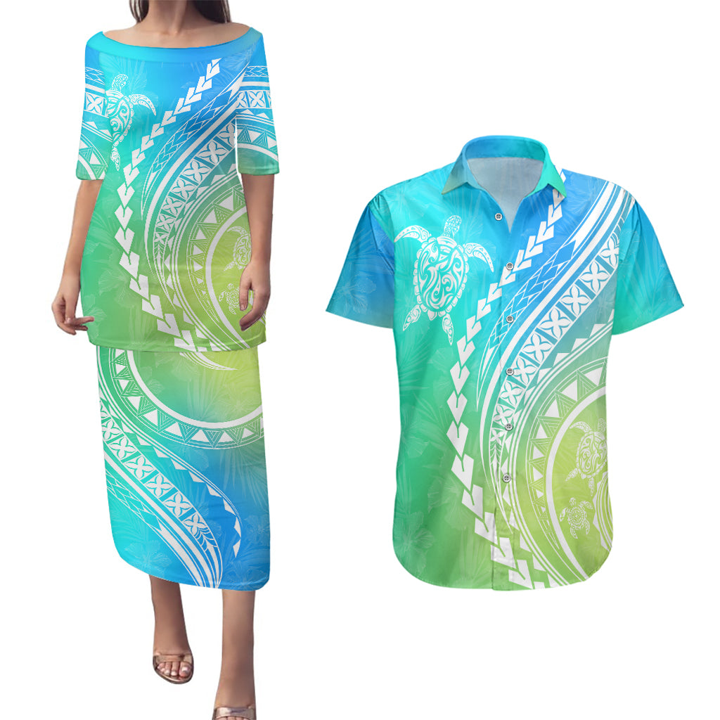 Polynesian Pride Couples Matching Puletasi Dress and Hawaiian Shirt Turtle Hibiscus Luxury Style - Gradient Blue LT7 Blue Green - Polynesian Pride