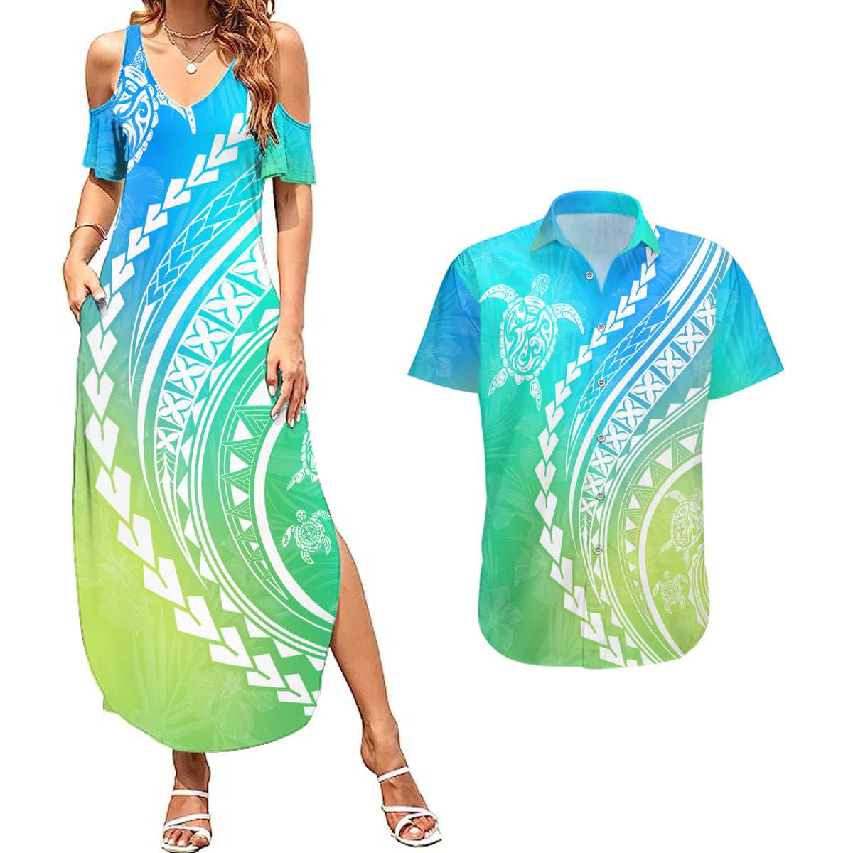 Polynesian Pride Couples Matching Summer Maxi Dress and Hawaiian Shirt Turtle Hibiscus Luxury Style - Gradient Blue LT7 Blue Green - Polynesian Pride