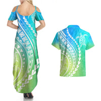 Polynesian Pride Couples Matching Summer Maxi Dress and Hawaiian Shirt Turtle Hibiscus Luxury Style - Gradient Blue LT7 - Polynesian Pride