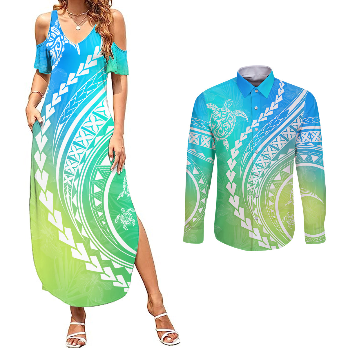 Polynesian Pride Couples Matching Summer Maxi Dress and Long Sleeve Button Shirts Turtle Hibiscus Luxury Style - Gradient Blue LT7 Blue Green - Polynesian Pride