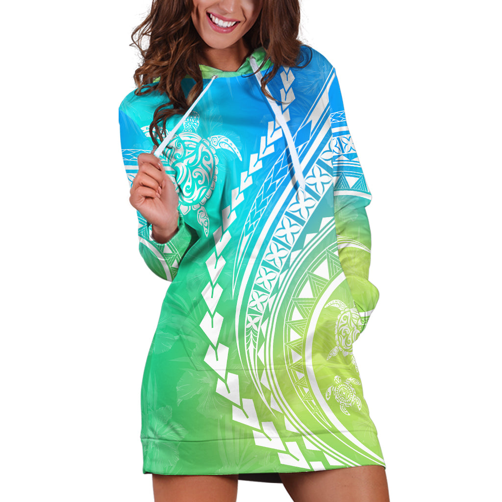 Polynesian Pride Hoodie Dress Turtle Hibiscus Luxury Style - Gradient Blue LT7 Blue Green - Polynesian Pride