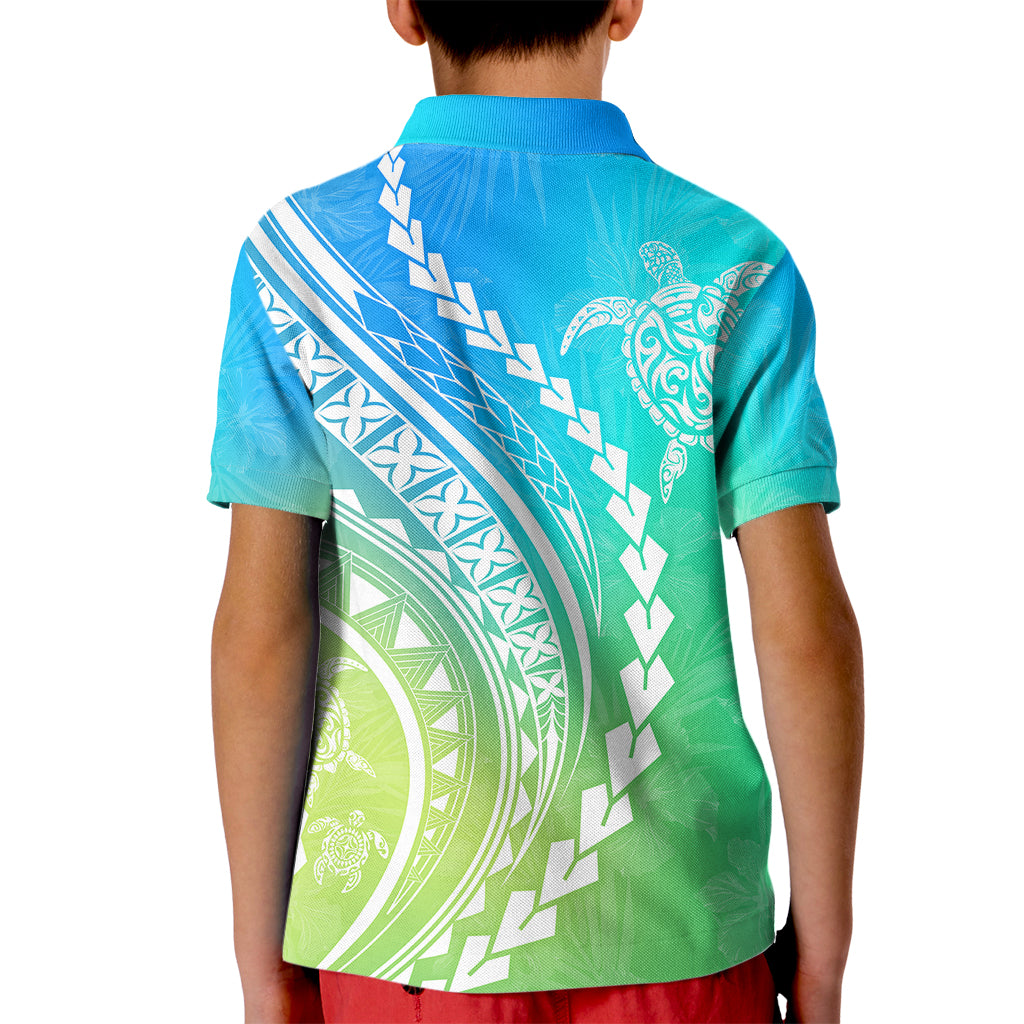 Polynesian Pride Kid Polo Shirt Turtle Hibiscus Luxury Style - Gradient Blue LT7 - Polynesian Pride