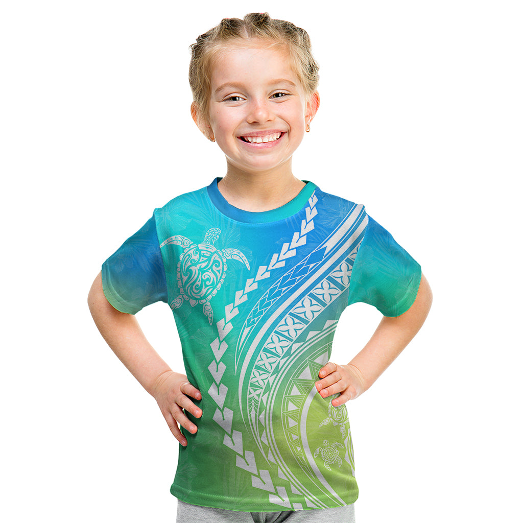 Polynesian Pride Kid T Shirt Turtle Hibiscus Luxury Style - Gradient Blue LT7 Blue Green - Polynesian Pride