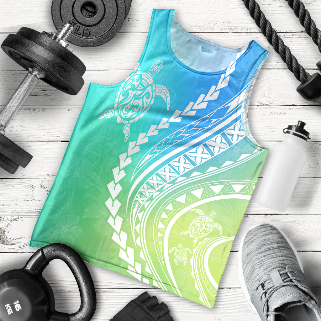 Polynesian Pride Men Tank Top Turtle Hibiscus Luxury Style - Gradient Blue LT7 Blue Green - Polynesian Pride