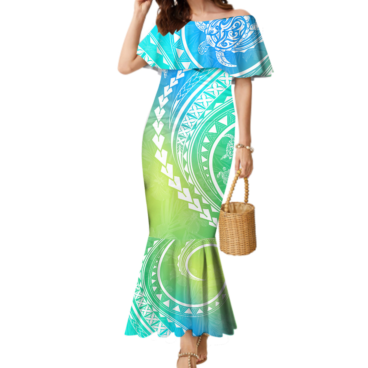 Polynesian Pride Mermaid Dress Turtle Hibiscus Luxury Style - Gradient Blue LT7 Women Blue Green - Polynesian Pride