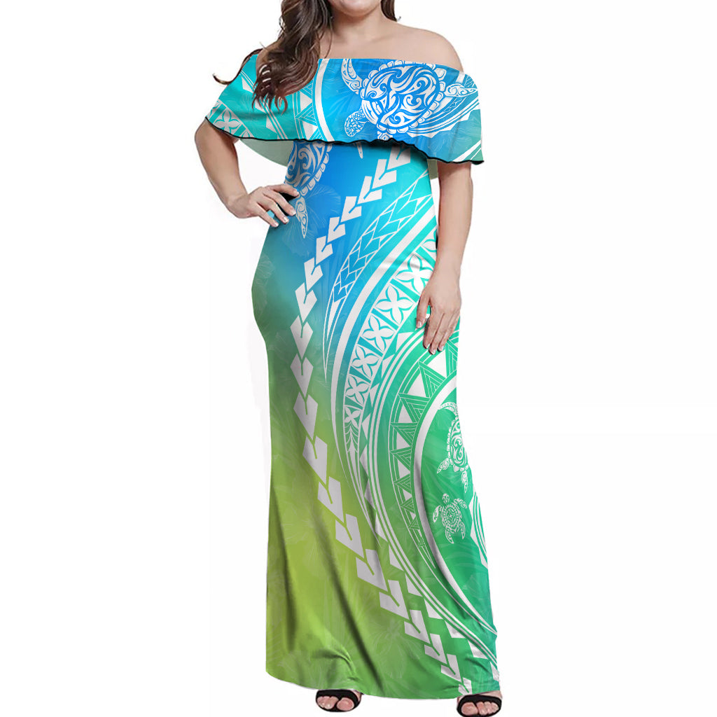 Polynesian Pride Off Shoulder Maxi Dress Turtle Hibiscus Luxury Style - Gradient Blue LT7 Women Blue Green - Polynesian Pride