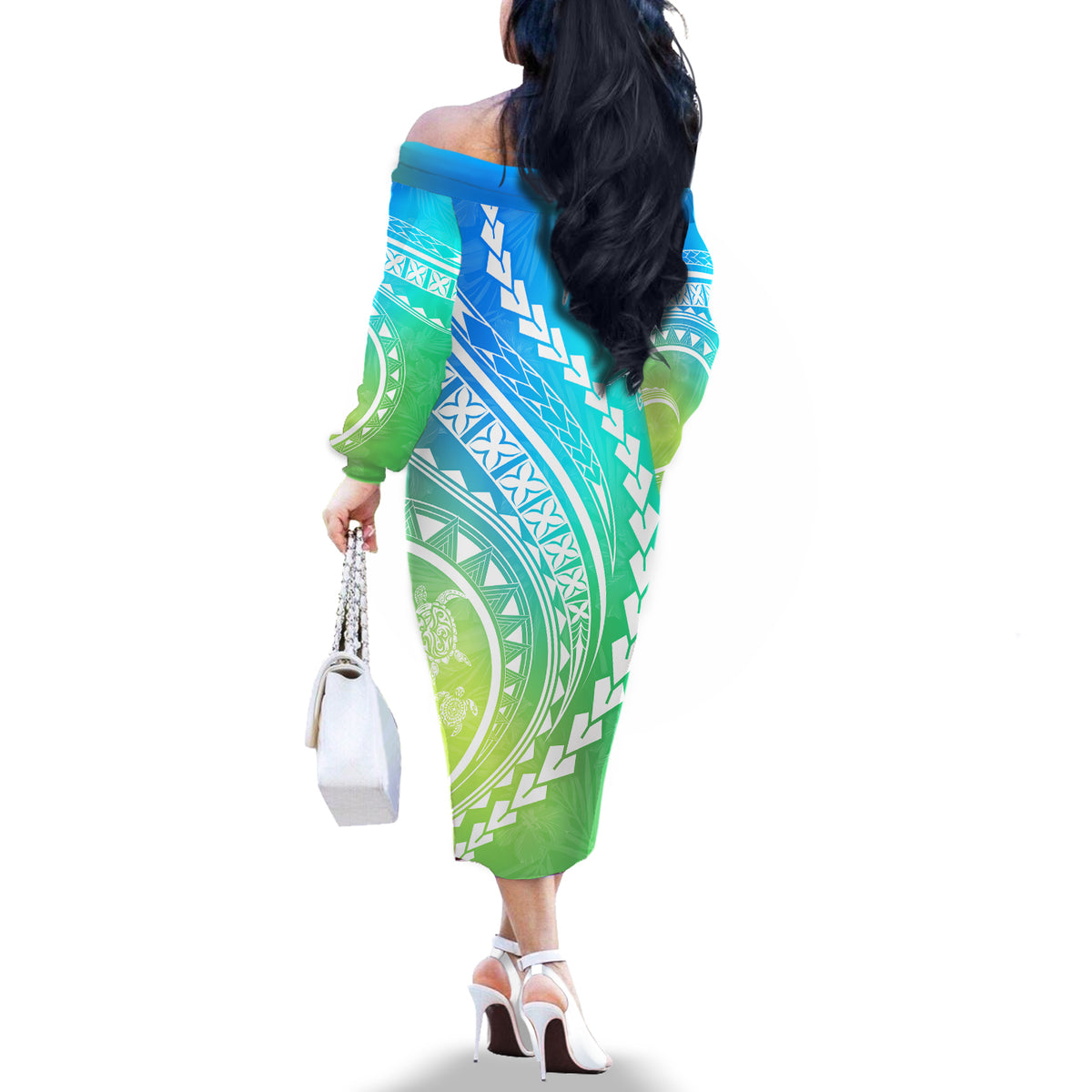 Polynesian Pride Off The Shoulder Long Sleeve Dress Turtle Hibiscus Luxury Style - Gradient Blue LT7 - Polynesian Pride