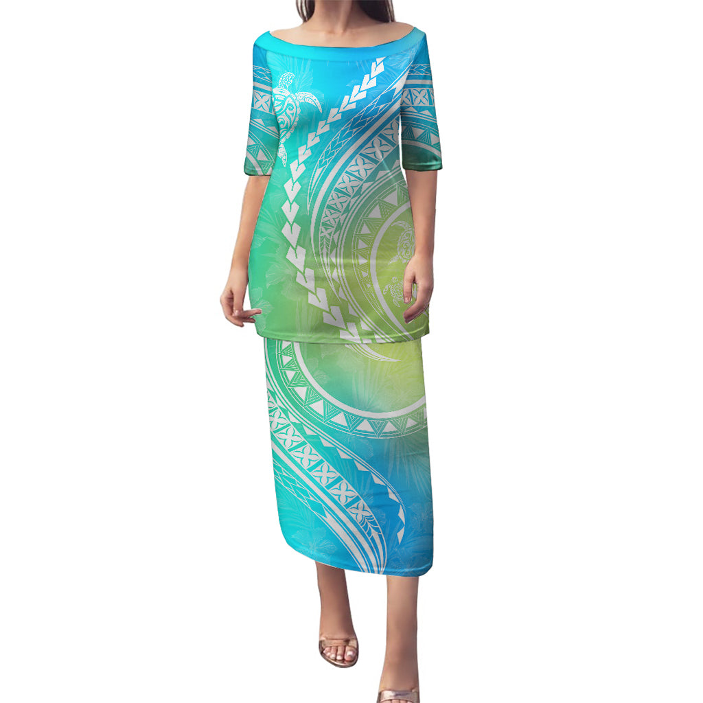 Polynesian Pride Puletasi Turtle Hibiscus Luxury Style - Gradient Blue LT7 Long Dress Blue Green - Polynesian Pride