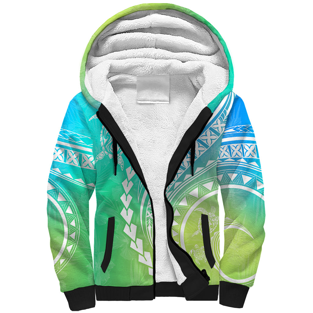 Polynesian Pride Sherpa Hoodie Turtle Hibiscus Luxury Style - Gradient Blue LT7 Unisex Blue Green - Polynesian Pride