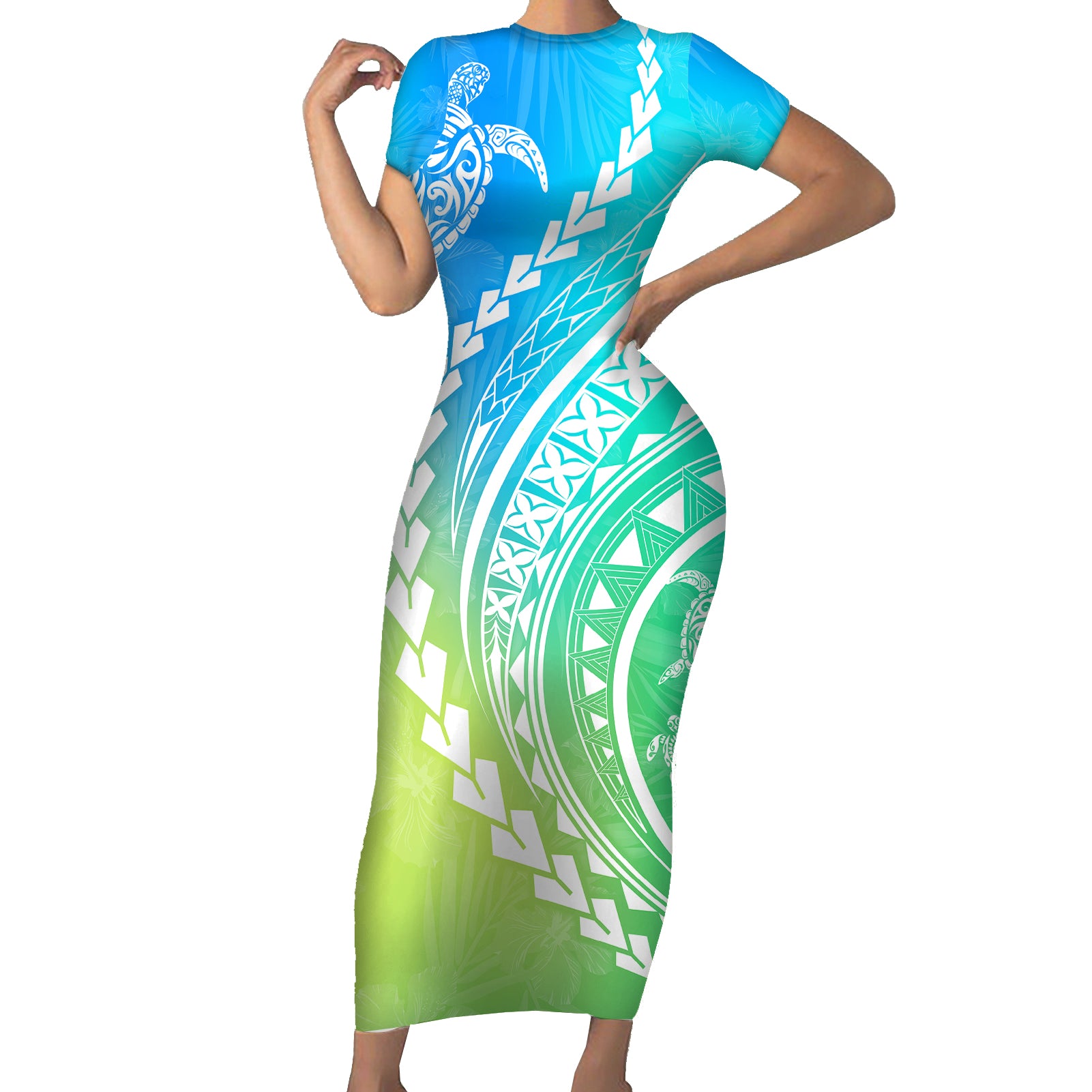 Polynesian Pride Short Sleeve Bodycon Dress Turtle Hibiscus Luxury Style - Gradient Blue LT7 Long Dress Blue Green - Polynesian Pride