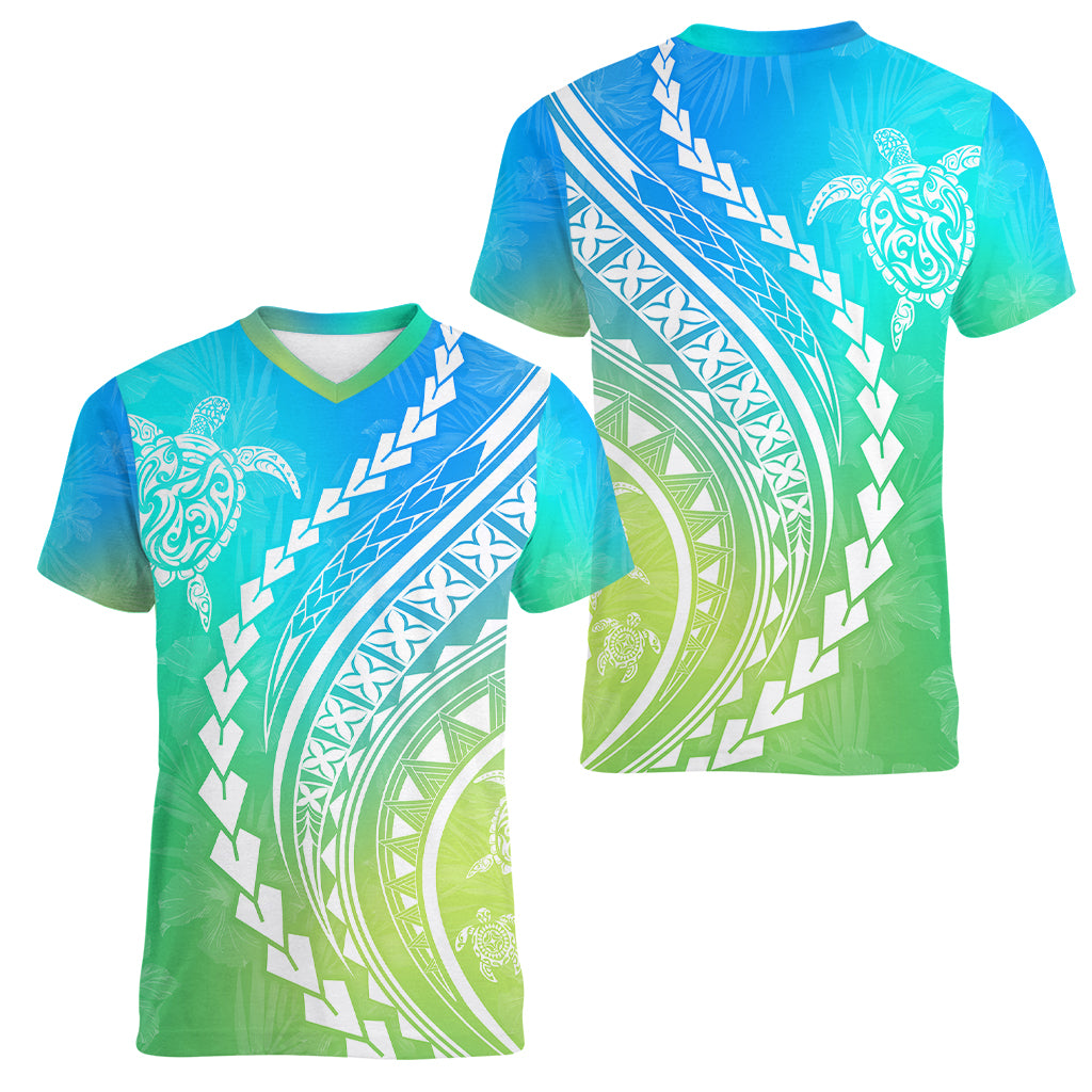 Polynesian Pride Women V Neck T Shirt Turtle Hibiscus Luxury Style - Gradient Blue LT7 - Polynesian Pride